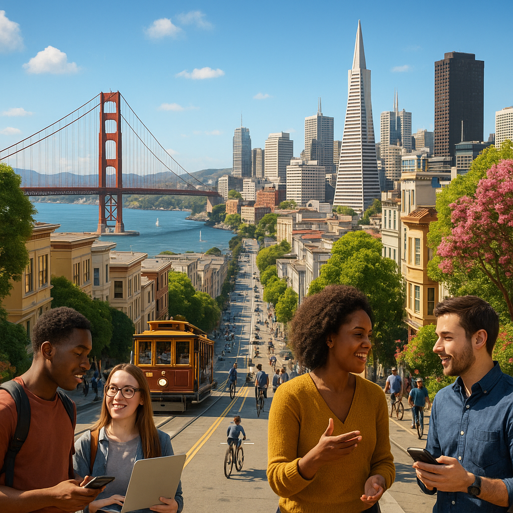 San Francisco skyline with icons representing AI, UCaaS, CCaaS, and cybersecurity innovation.