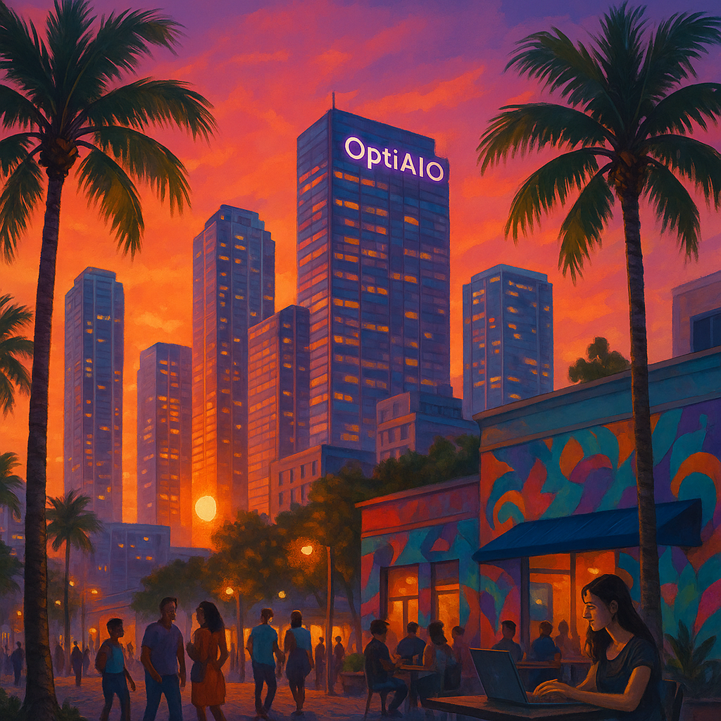 Aerial view of downtown Miami, Florida with Biscayne Bay, representing the city’s fast-growing tech, fintech, and startup scene in 2025
